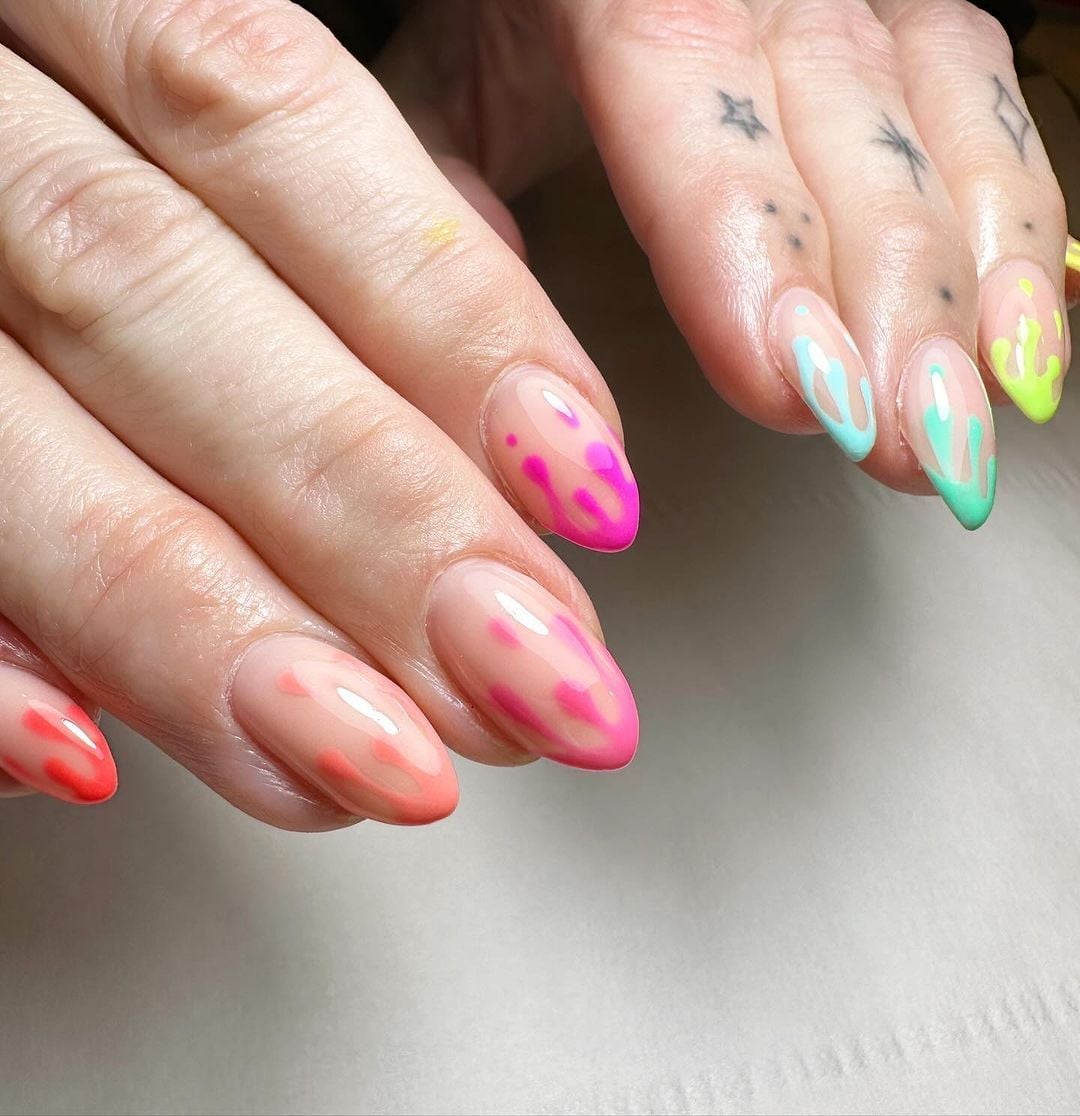 Medium Oval Neon Drip Nails — Simple Drip Nails