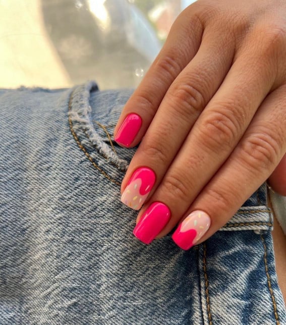 Short Square Hot Pink Glossy Nails — Simple Drip Nails