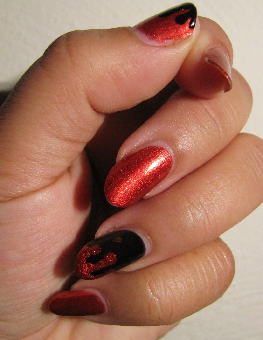 Medium Almond Shimmer Red with Black Drip — Simple Drip Nails