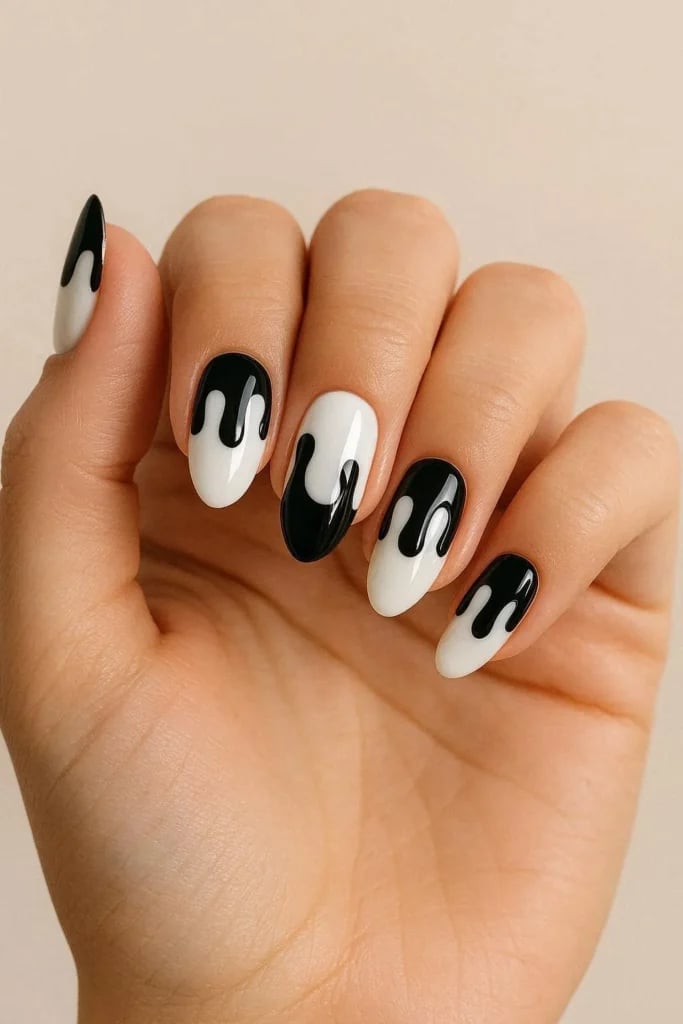 Medium Oval Black and White Drip Nails — Simple Drip Nails