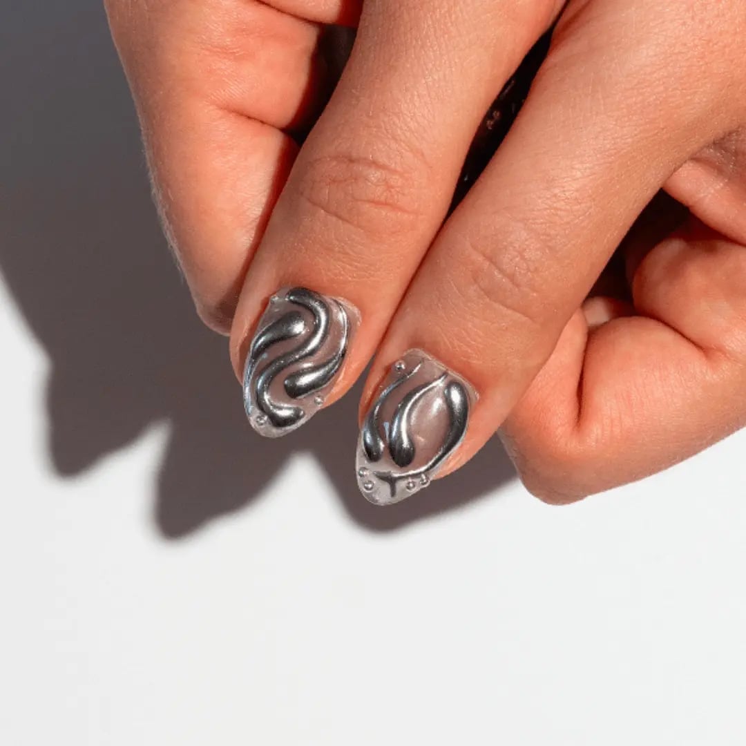 Short Almond 3D Silver Drip Nails — Simple Drip Nails