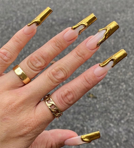 Long Stiletto Nude with Gold Drip Tips — Simple Drip Nails