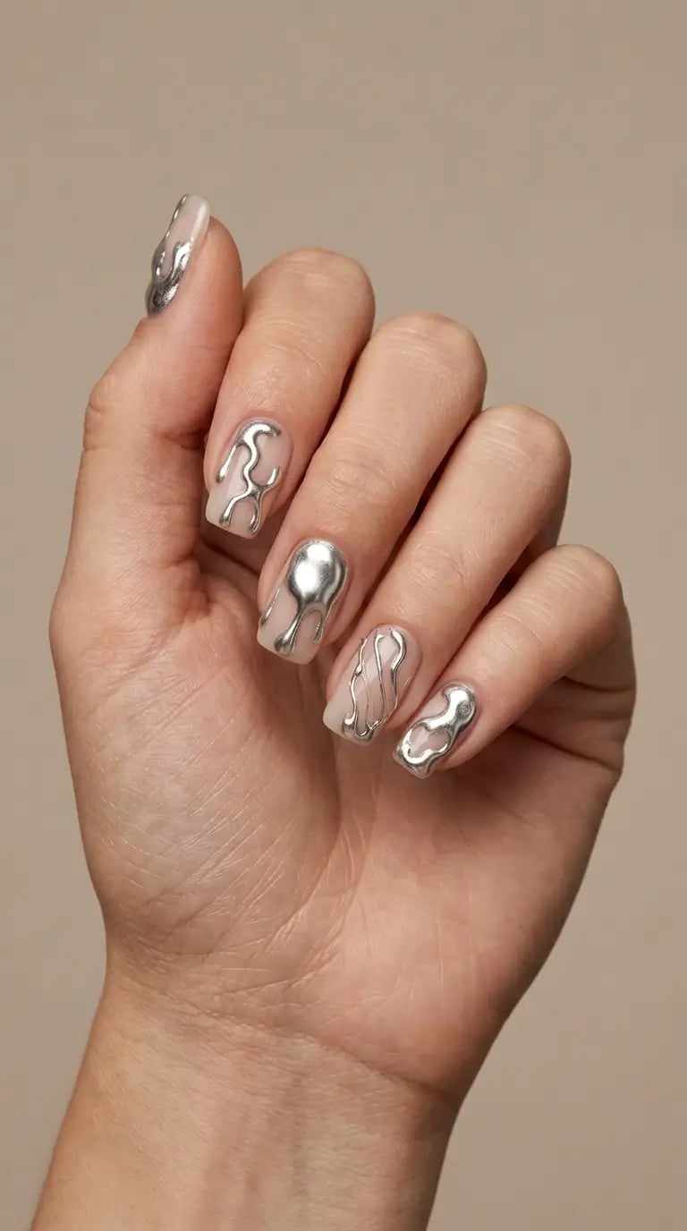 Short Square Silver Liquid Drip Nails — Simple Drip Nails