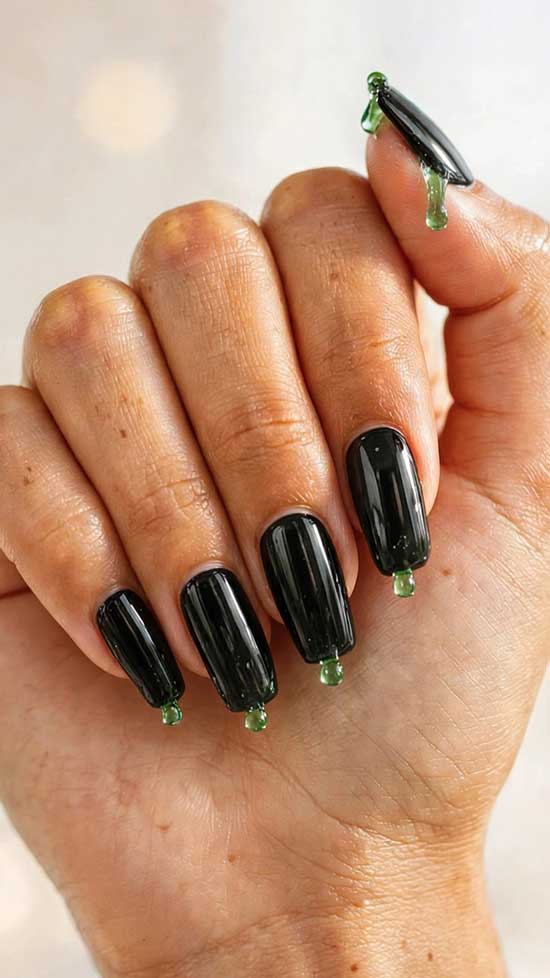 Long Coffin Pink Glitter with Black Drip — Simple Drip Nails