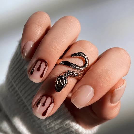 Short Almond Nude with Dark Brown Drips — Simple Drip Nails