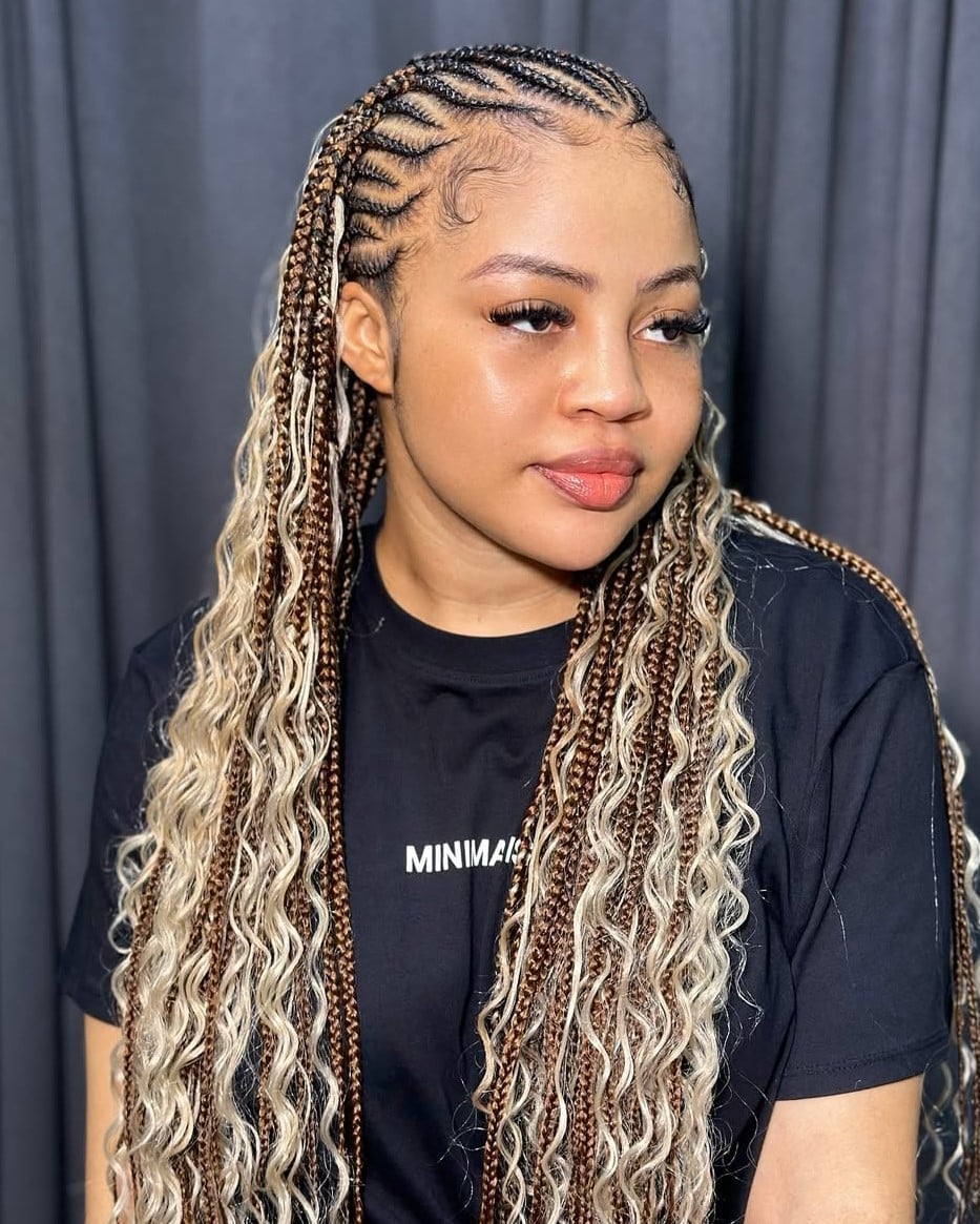 Feed In Braids With Wavy Blonde Brown Extensions Feed In Braids With Wavy Blonde Brown Extensions — Simple Feed in Braids