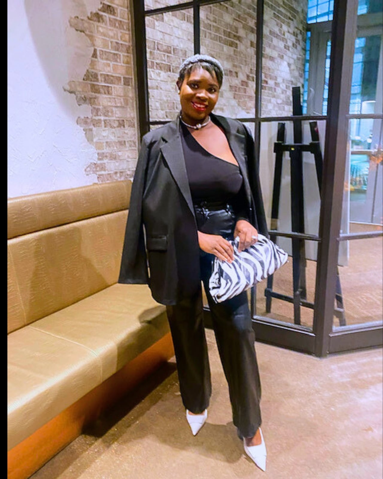 One-shoulder Top and Leather Pants with Oversized, Close-Up Take — Simple Going Out Outfits Night Club