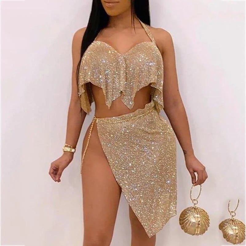 Gold Sequin Halter Top with Fringe and Slit Skirt — Simple Going Out Outfits Night Club