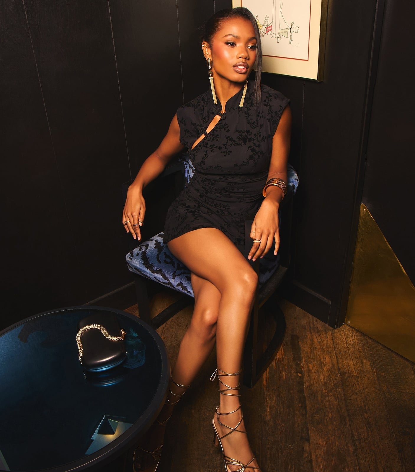 Floral Jacquard Mini Dress with Gold Accessories — Simple Going Out Outfits Night Club