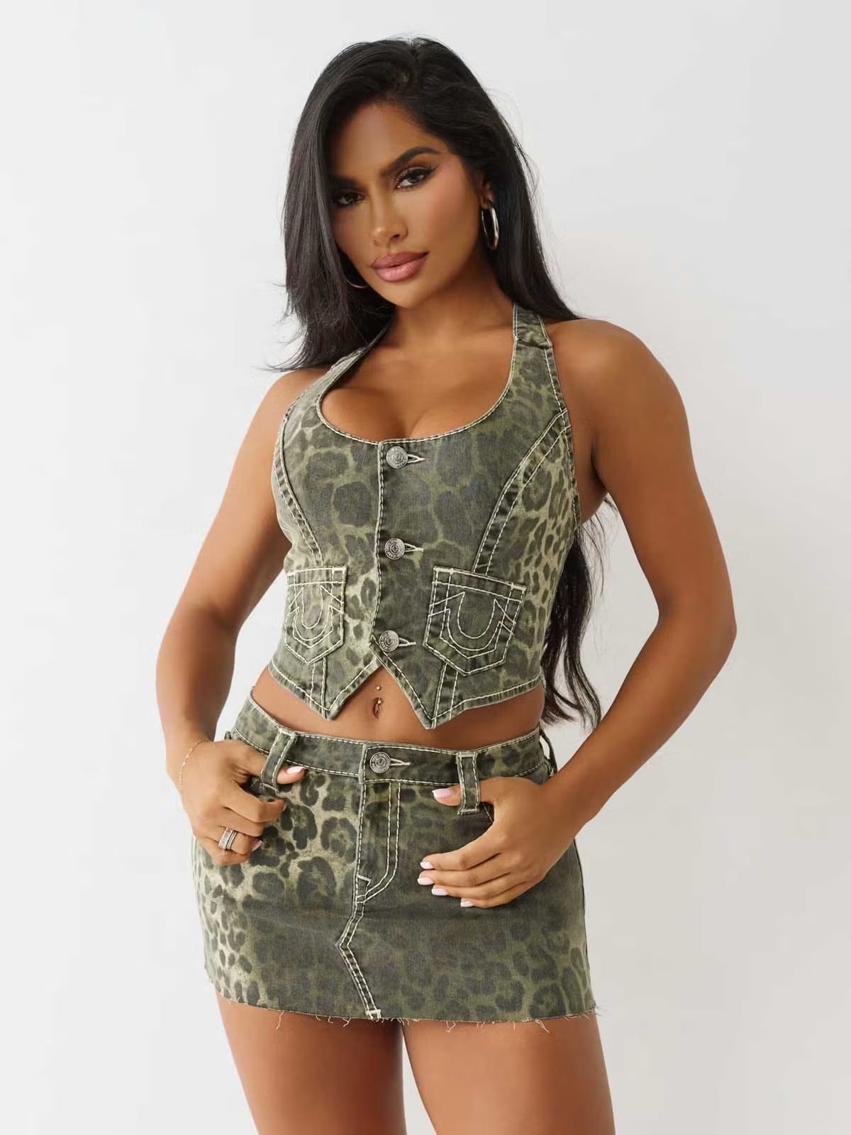 Leopard Print Denim Vest and Mini Skirt — Simple Going Out Outfits Night Club
