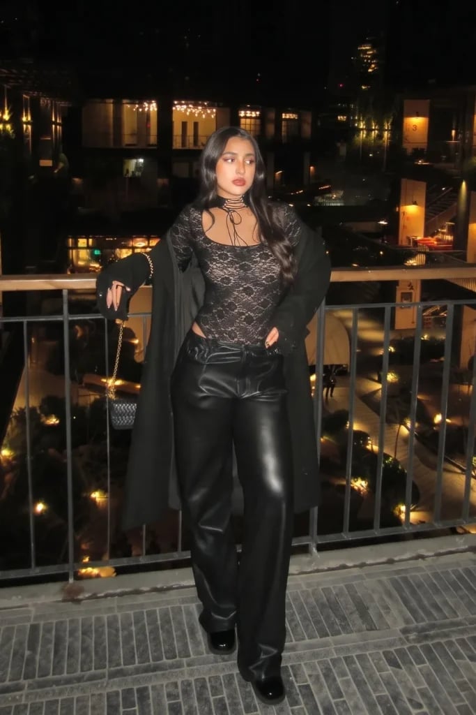 Sheer Lace Bodysuit and Leather Trousers with Trench Coat — Simple Going Out Outfits Night Club