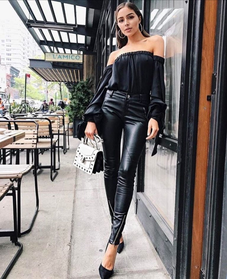 Black Faux Leather Skinny Pants with Satin Blouse — Simple Going Out Outfits Night Club