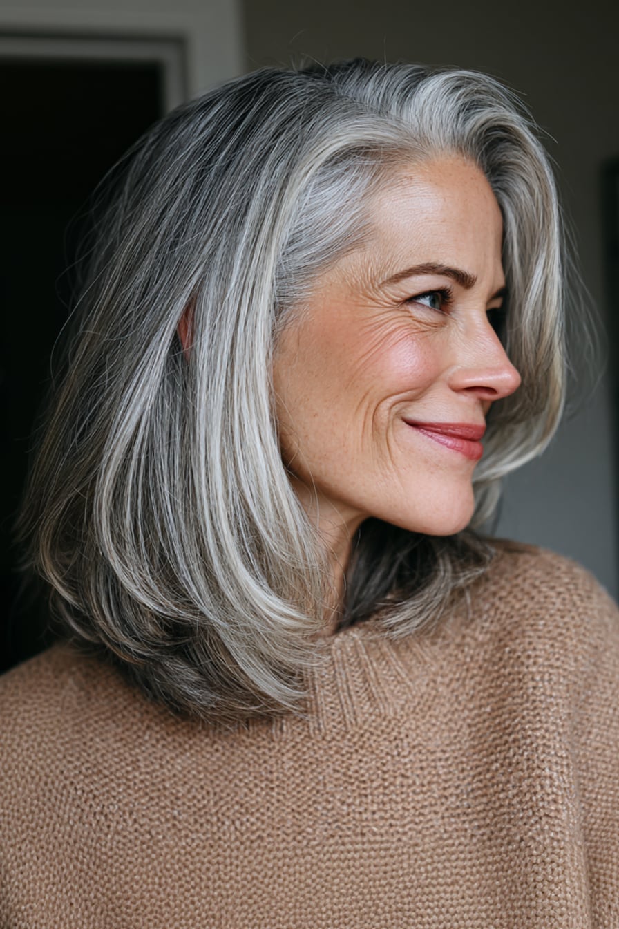 Collarbone Layered Bob With Curtain Bangs — Simple Gray Blending Hair
