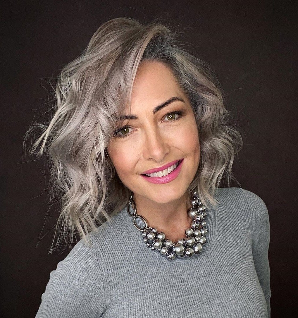 Mid-Back Long Layers With Lighter Gray Blend — Simple Gray Blending Hair