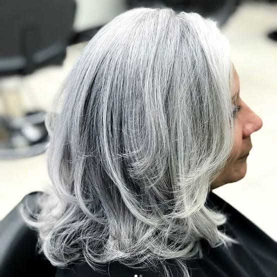 Chin Length Layered Bob With Side Swept Bangs — Simple Gray Blending Hair