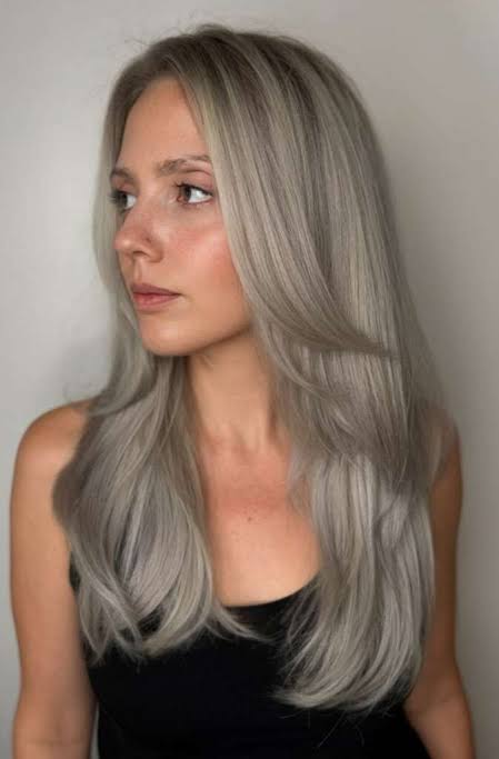 Mid-Back Layers With Ash Blonde Gray Undertones, Air Dried — Simple Gray Blending Hair