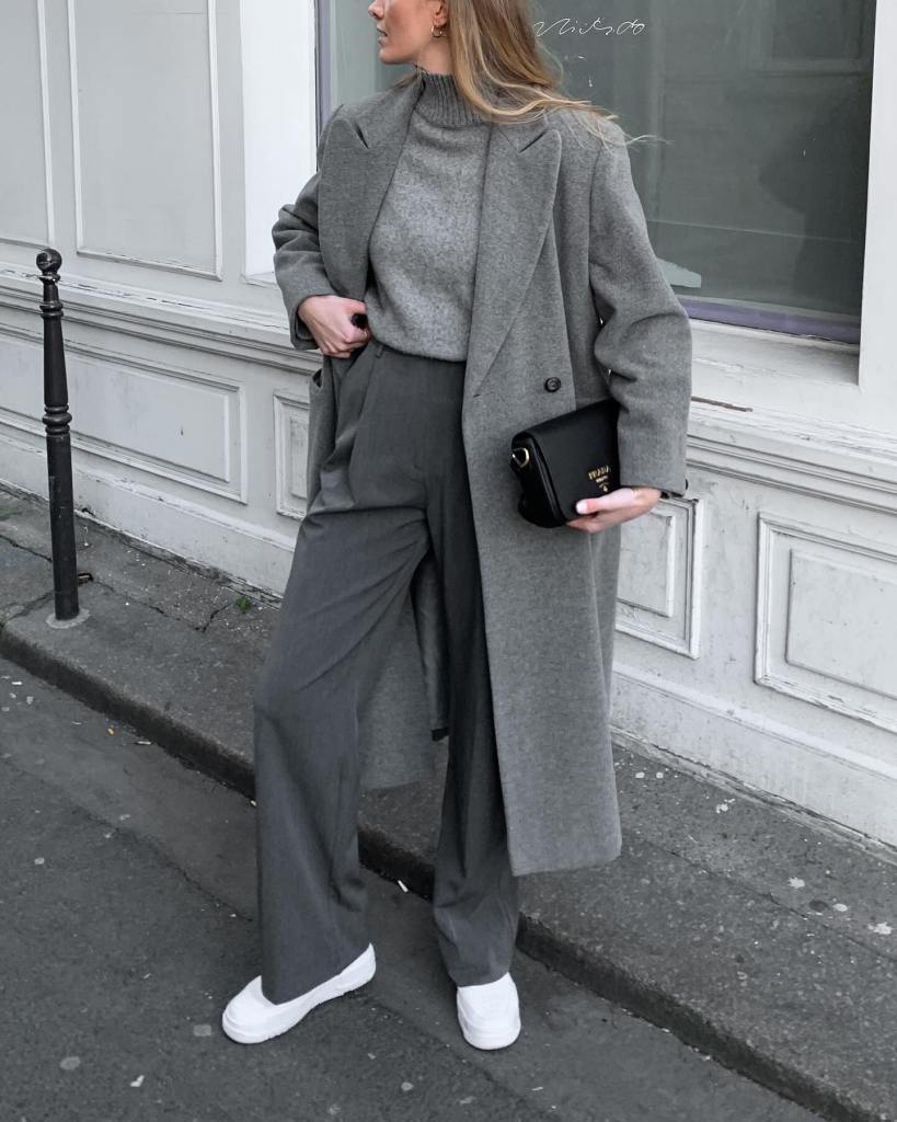 Monochromatic Gray Wide Leg Trousers With Long Coat — Simple Gray Pants Outfits
