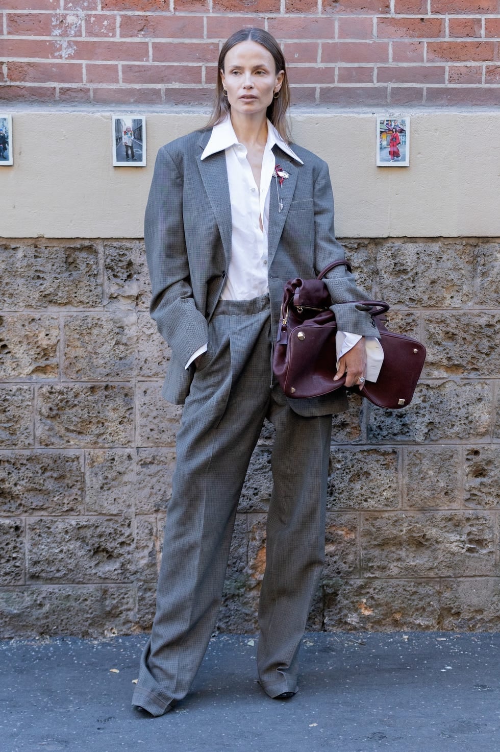 Gray Tailored Trousers With Knit Cardigan, Oversized Blazer — Simple Gray Pants Outfits