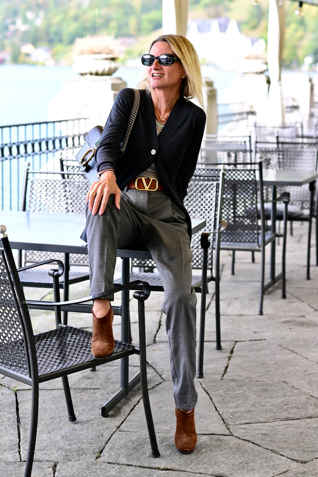 Straight Leg Gray Trousers With Layered Sweater, Gold Belt With V Logo — Simple Gray Pants Outfits