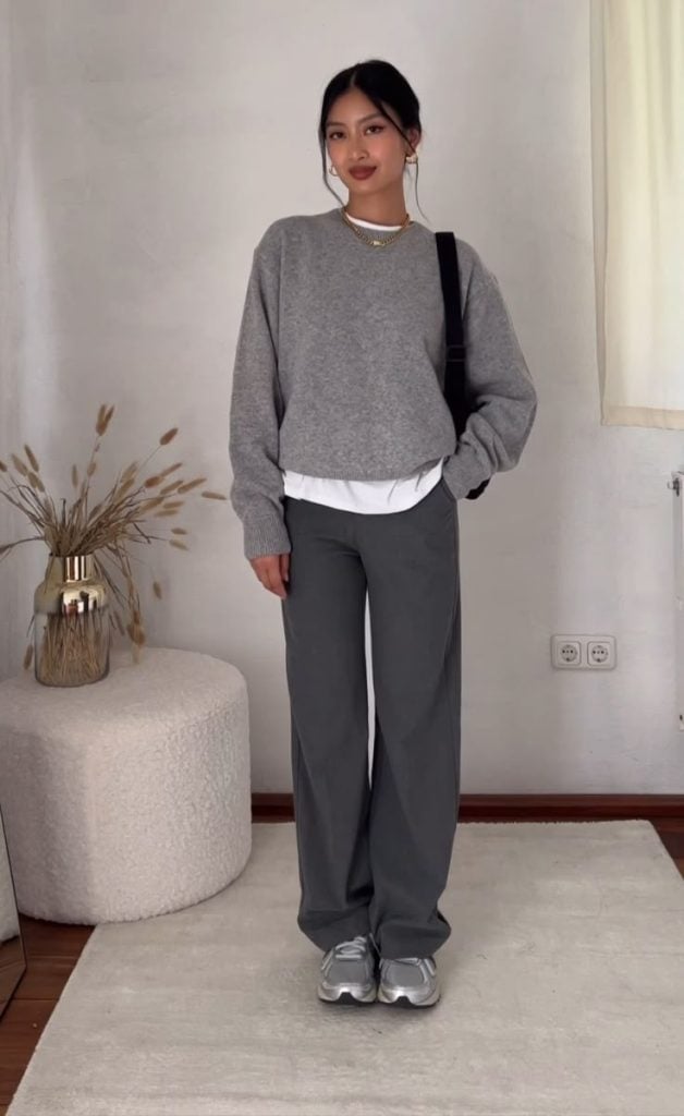 Oversized Gray Trousers With Linen Blazer, Knit Sweater — Simple Gray Pants Outfits