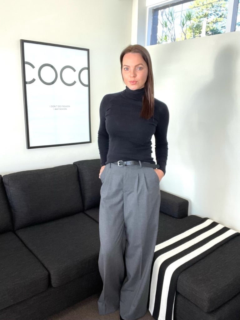 Light Gray Wide Leg Trousers With Sweater Vest, Black Turtleneck — Simple Gray Pants Outfits