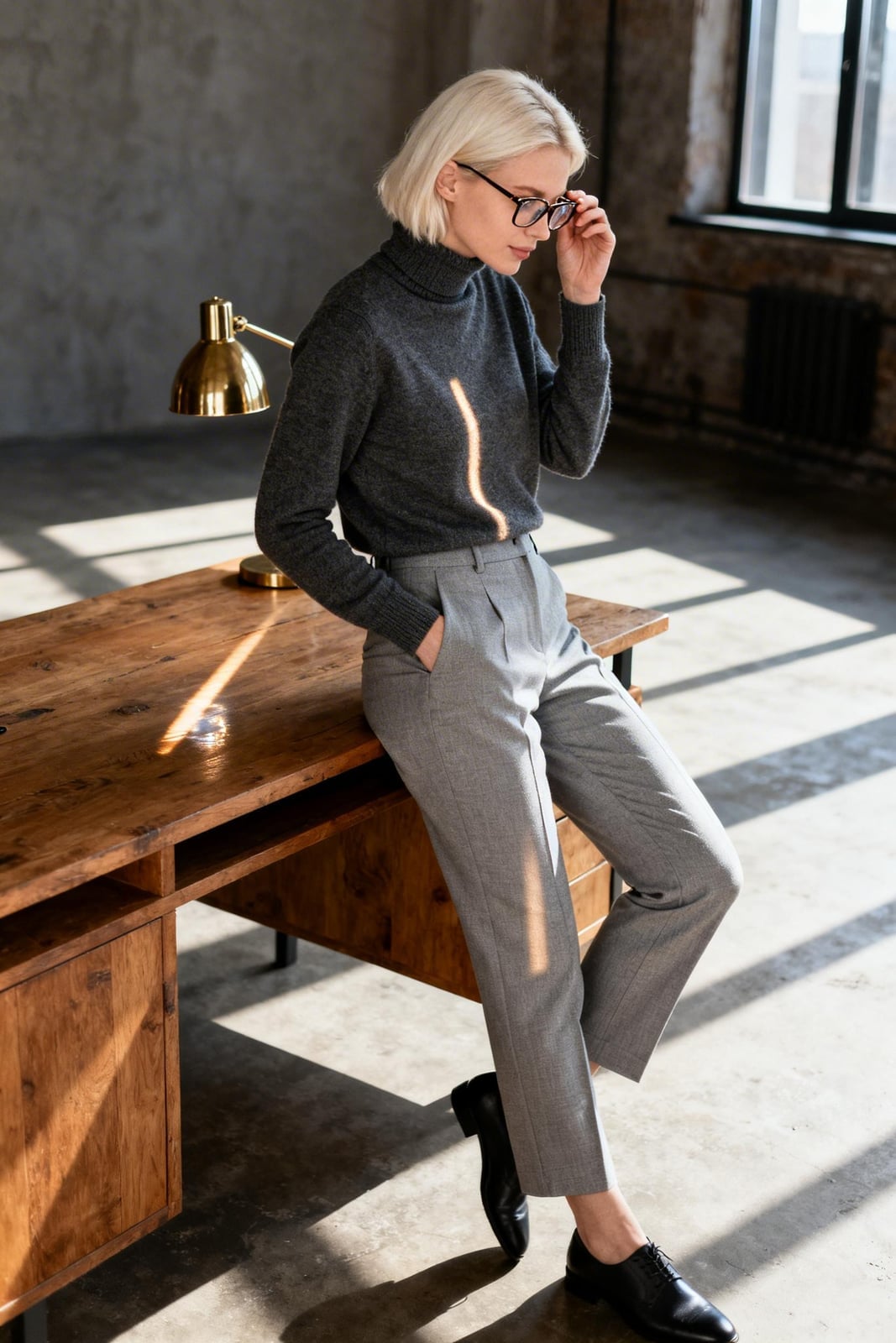 Gray Straight Leg Trousers With Fitted Turtleneck — Simple Gray Pants Outfits