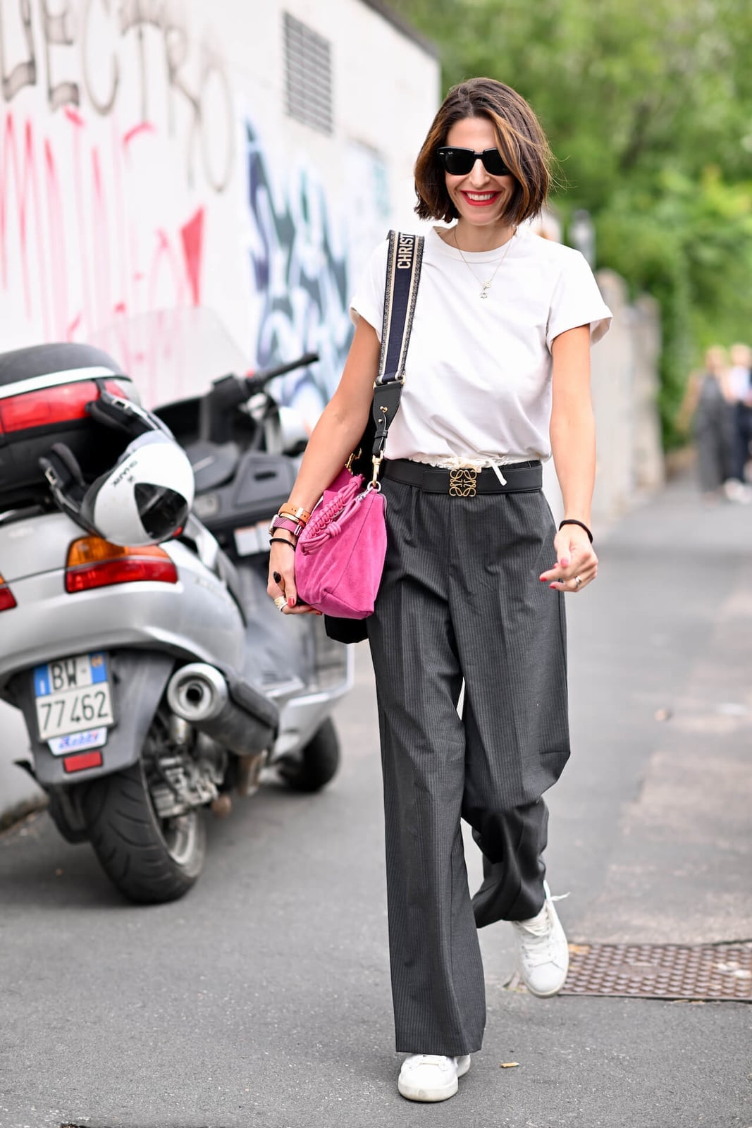 Straight Leg Gray Trousers With Beige Sweater, White Sneakers — Simple Gray Pants Outfits