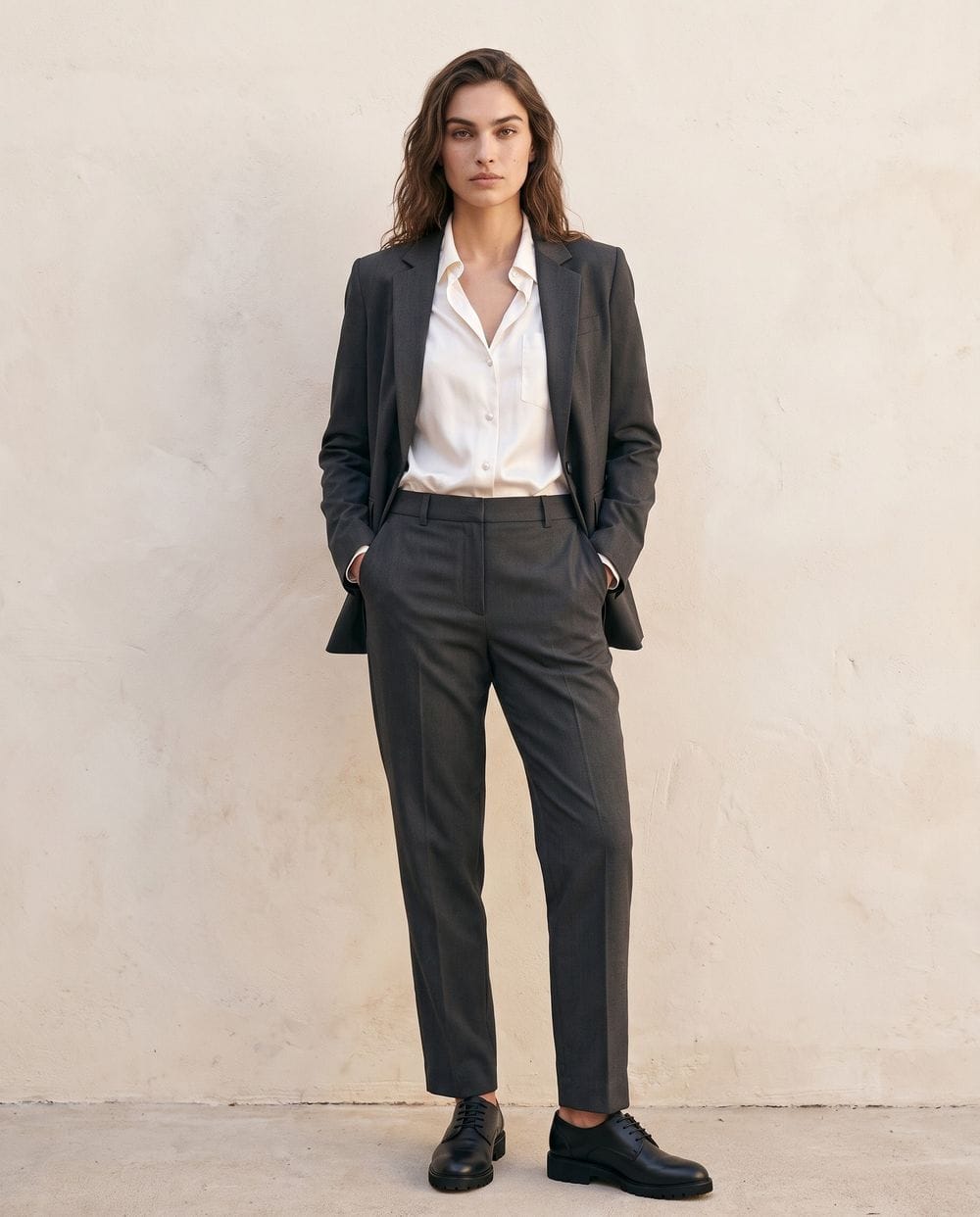 Tailored Gray Trousers With Blazer and Silk Blouse — Simple Gray Pants Outfits