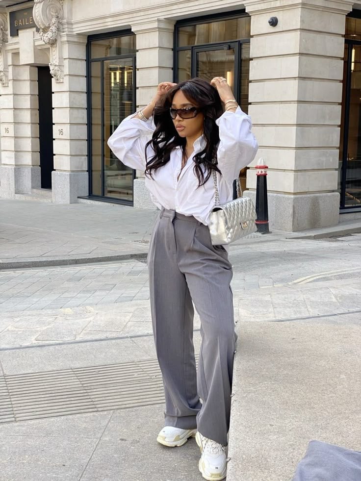 Oversized White Shirt With Wide Leg Gray Trousers — Simple Gray Pants Outfits