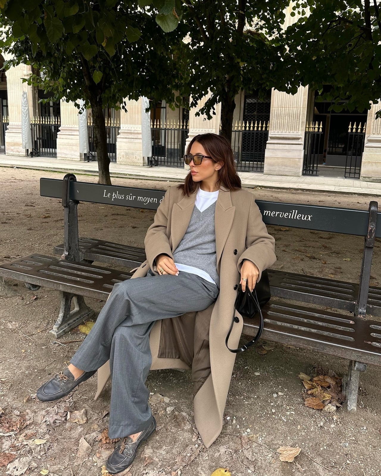 Gray Trousers With V-Neck Sweater and Camel Coat — Simple Gray Pants Outfits