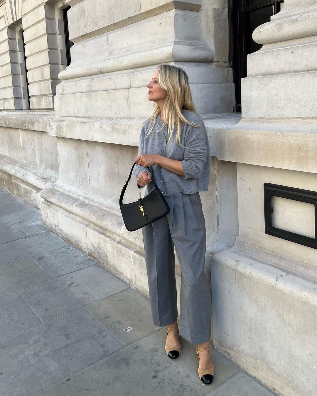 High Waisted Gray Trousers With Cropped Cardigan, Black Shoulder Bag — Simple Gray Pants Outfits