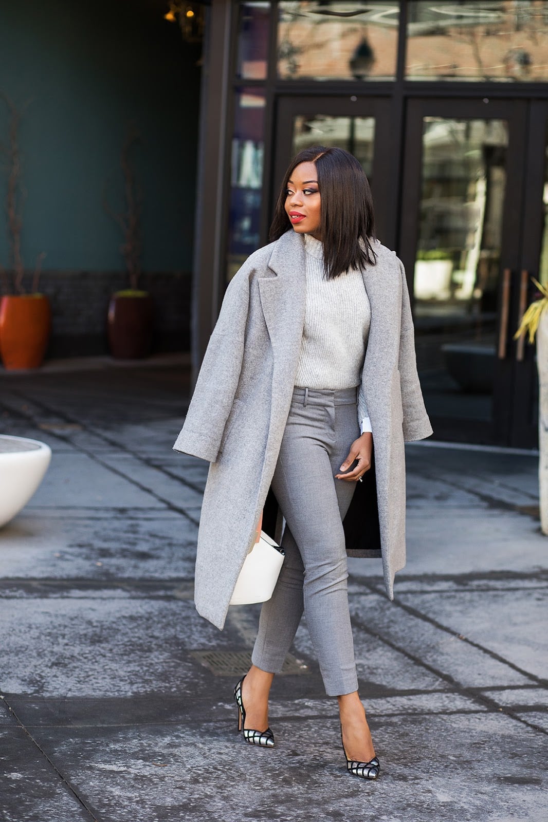 Fitted Gray Trousers In Monochromatic Ensemble, Gray Sweater — Simple Gray Pants Outfits