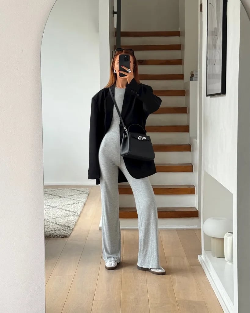 Gray Checked Trousers With Oversized Blazer, Fitted Top — Simple Gray Pants Outfits
