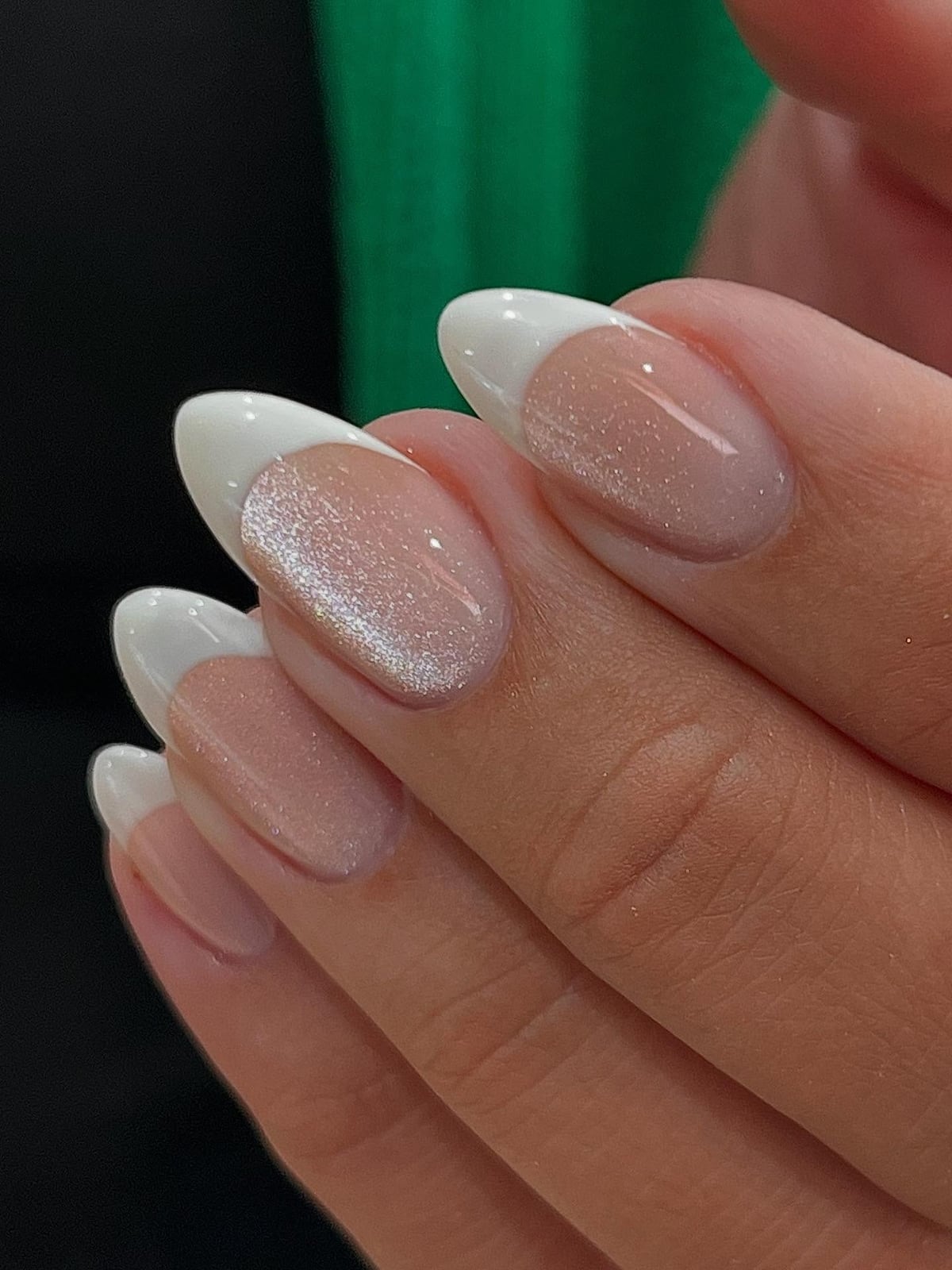 Nude Base Shimmer French Medium Almond Nails Nude Base Shimmer French Medium Almond Nails — Simple Hailey Bieber Nails