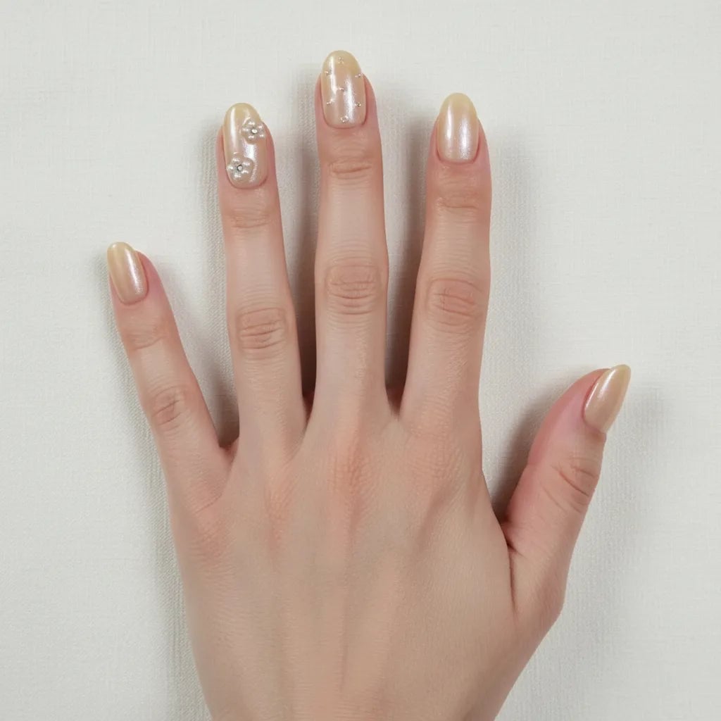 Pale Gold Pearlescent Short Oval Nails With Florals Pale Gold Pearlescent Short Oval Nails With Florals — Simple Hailey Bieber Nails