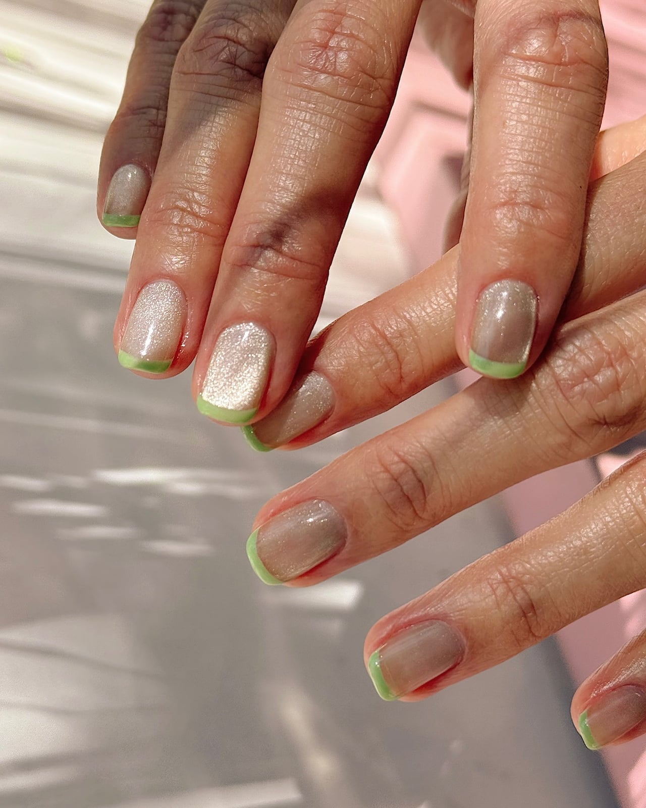 Sheer Nude Short Square Lime Green French Tips Sheer Nude Short Square Lime Green French Tips — Simple Hailey Bieber Nails