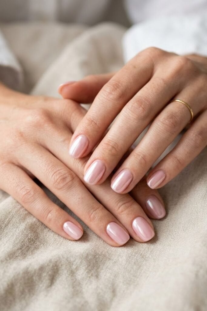 Glossy Milky Pink Short Almond Chrome Nails Glossy Milky Pink Short Almond Chrome Nails — Simple Hailey Bieber Nails