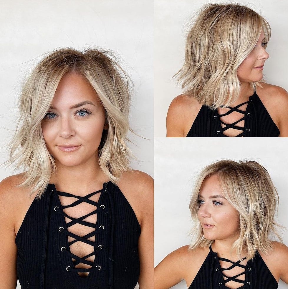 Blonde Balayage Angled Bob With Curtain Bangs — Simple Hair for Round Face