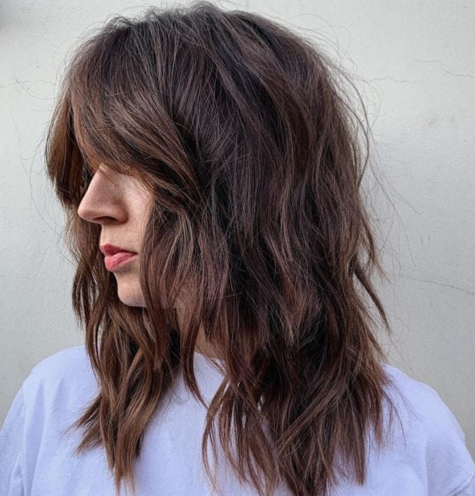 Mid-Back Dark Brown Layers With Face-Framing Bangs — Simple Hair for Round Face