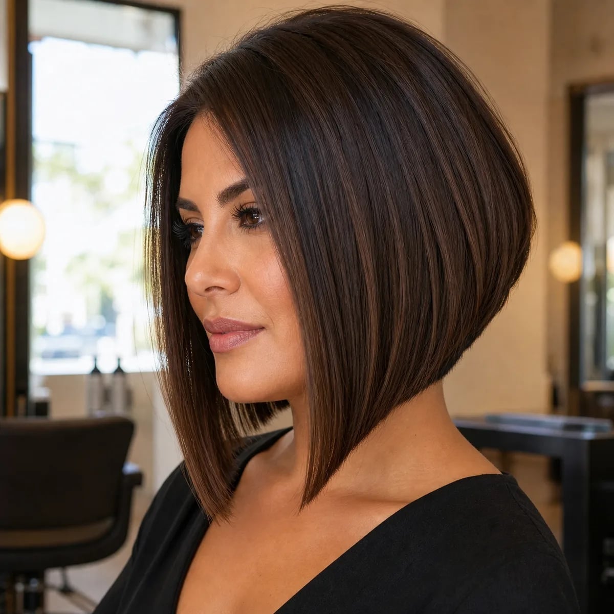 Sleek Chin Length Inverted Bob, Dark Brown — Simple Hair for Round Face