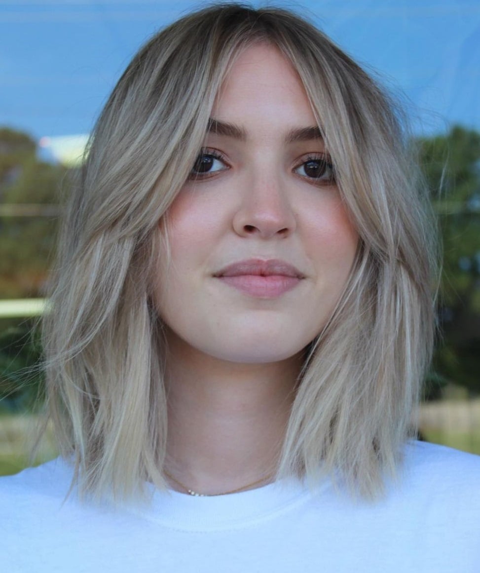 Ash Blonde Lob With Swept Curtain Bangs — Simple Hair for Round Face