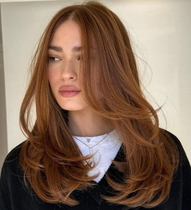 Auburn Layered Cut With Face-Framing Bangs — Simple Hair Types Chart