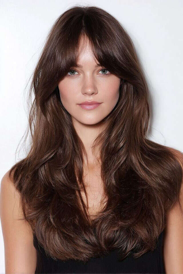 Mid-Back Dark Brown With Full Curtain Bangs — Simple Haircuts for Wavy Hair