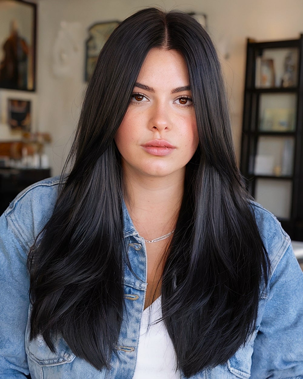 Mid Back Layers Smooth Dark Brown Blowout — Simple Hairstyles for Round Face