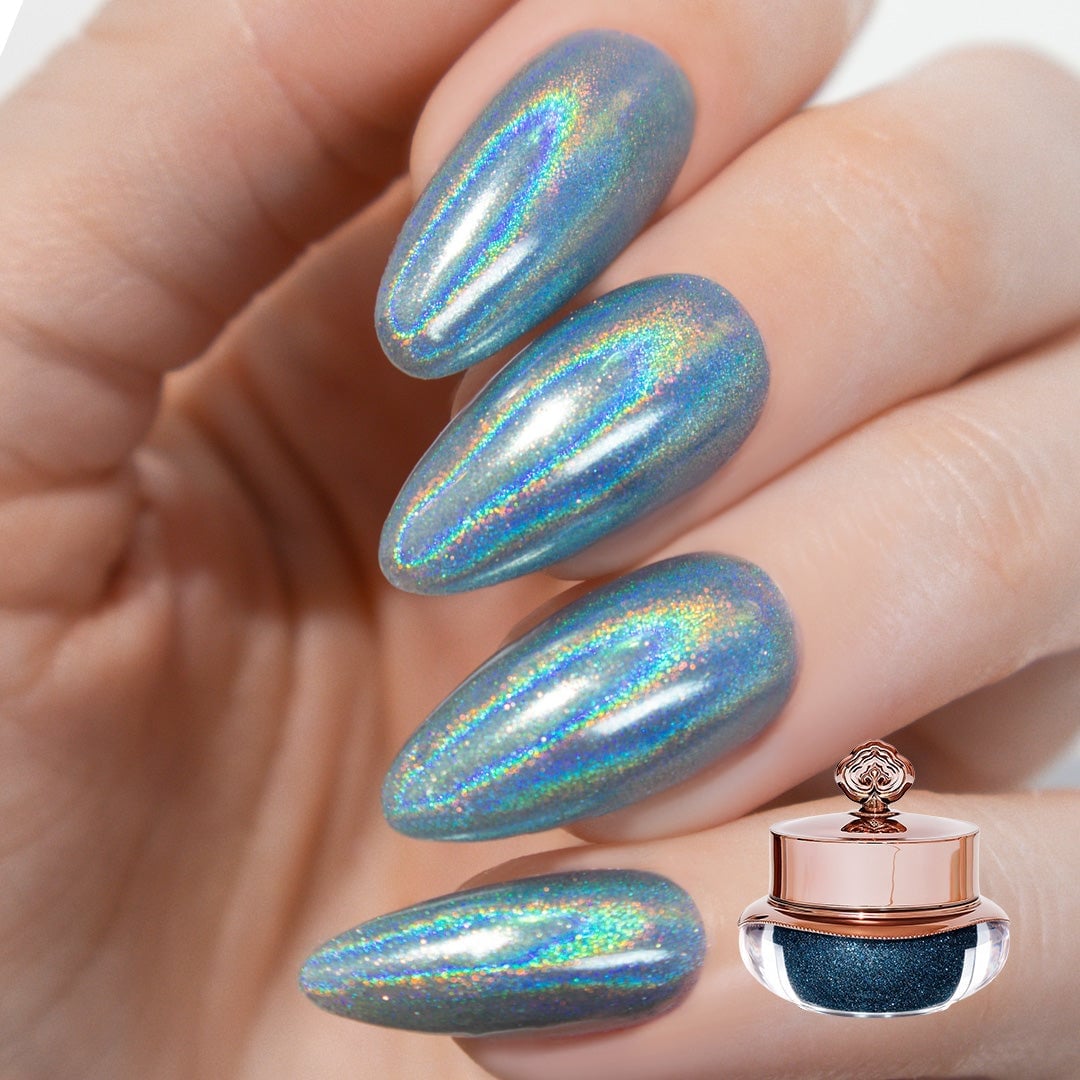 Medium Almond Blue Holographic Glitter Nails Medium Almond Blue Holographic Glitter Nails — Simple Holographic Nails