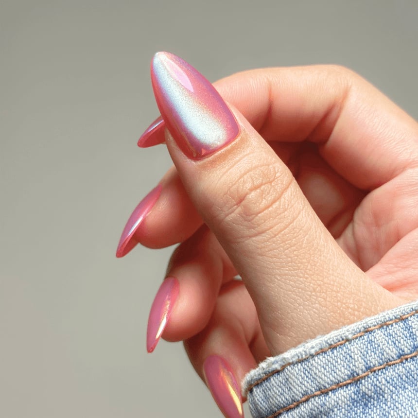 Medium Almond Silver Chrome Holographic Bow Nails Medium Almond Silver Chrome Holographic Bow Nails — Simple Holographic Nails