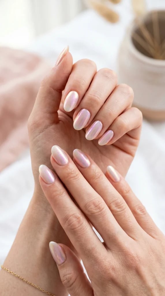 Short Almond Milky White Iridescent Nails Short Almond Milky White Iridescent Nails — Simple Holographic Nails