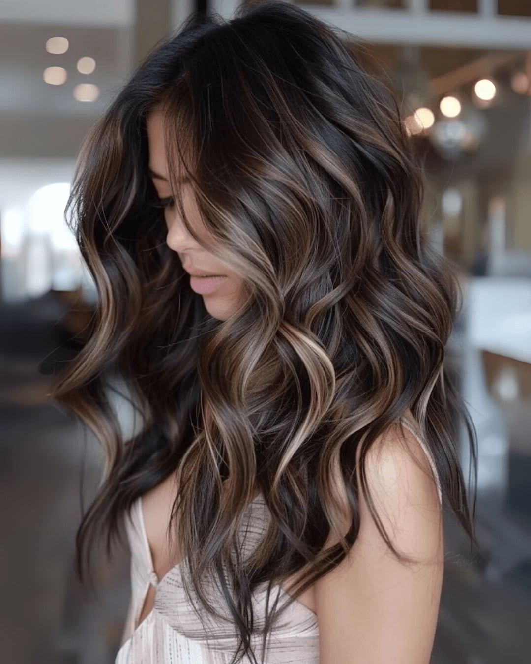 Mid-Back Dark Brown With Honey And Bangs — Simple Honey Highlights