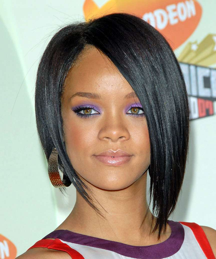 Black Fine Hair Inverted Bob With Side-Swept Bangs — Simple Inverted Bob