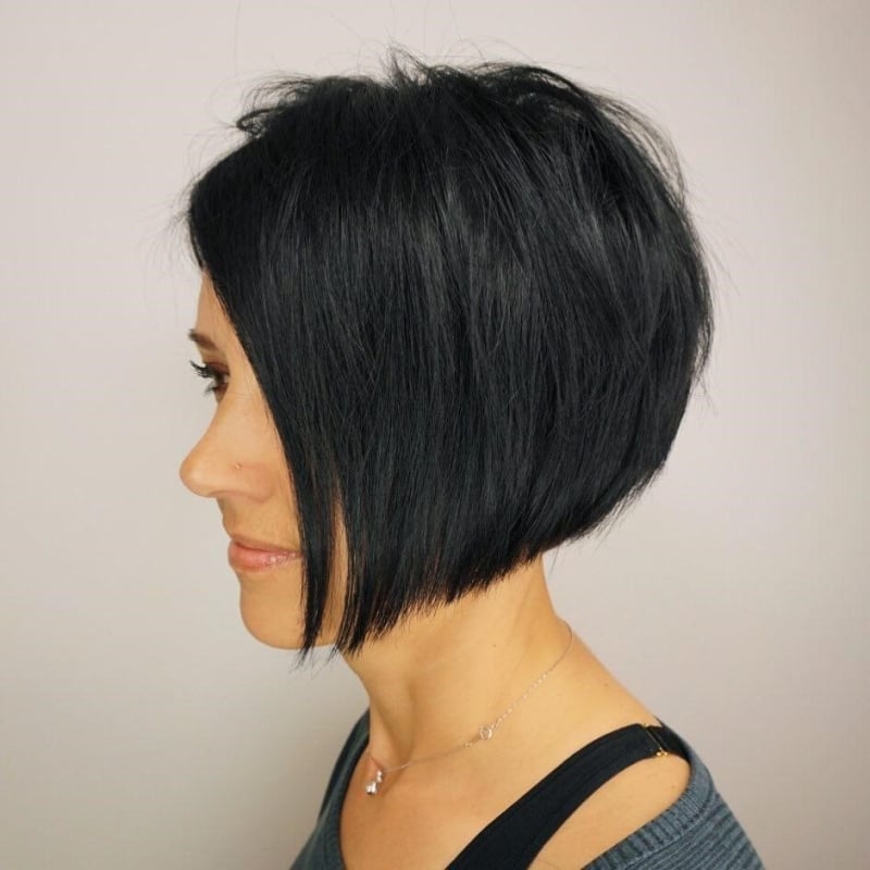 Fine Black Inverted Bob With Short Fringe — Simple Inverted Bob